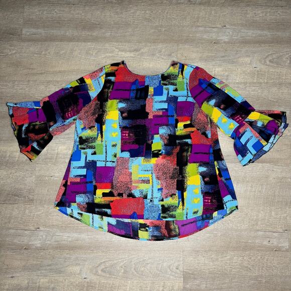 ALI MILES Abstract Artsy Bright Colorful Modern Geometric Ruffle Blouse Large - Picture 1 of 7